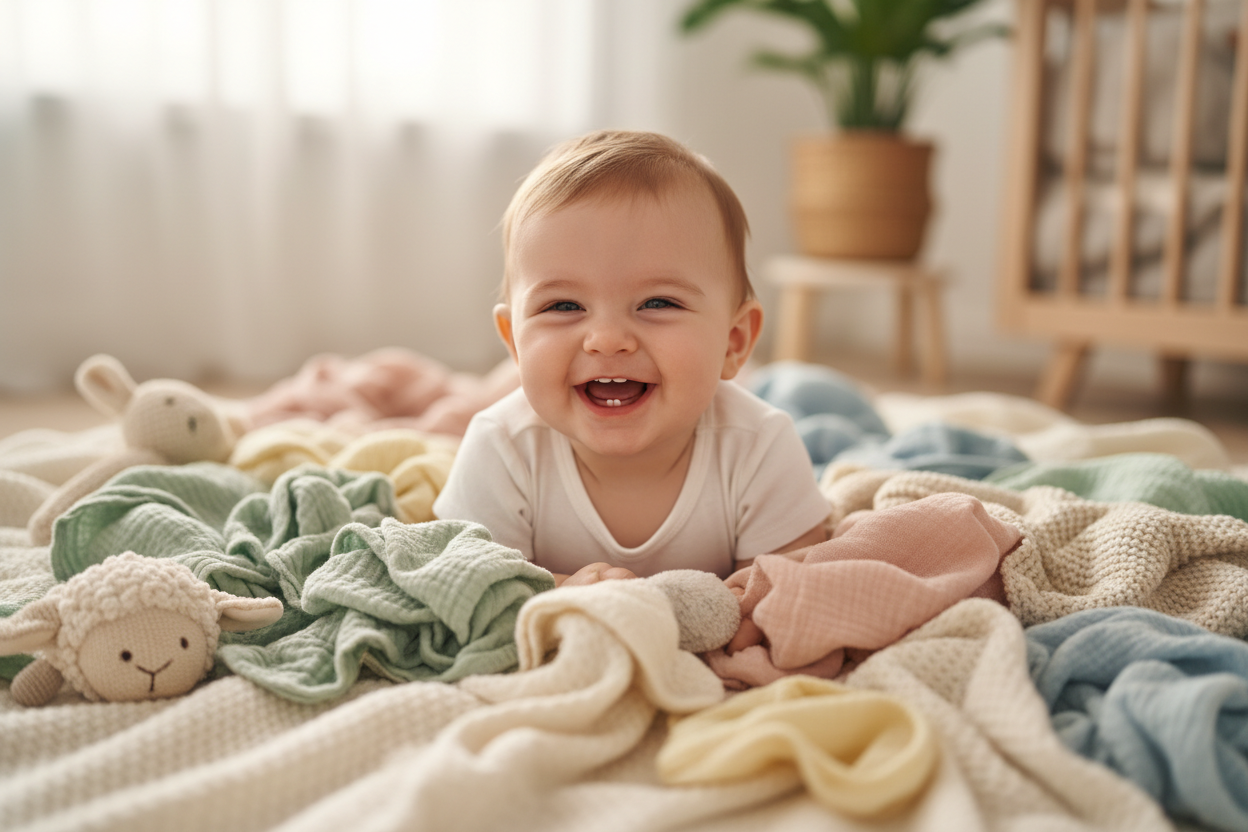 baby girl happy surrounded by soft organic materials